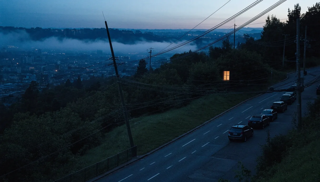 A valley road at dusk with utility poles receding into low fog and a single lit window up the hillside