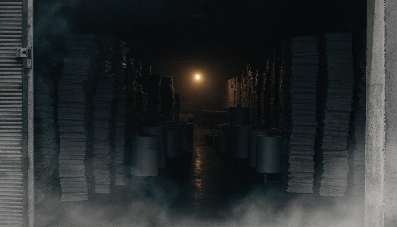 A night press hall seen through an open loading dock, dark paper and shadowed rolls inside