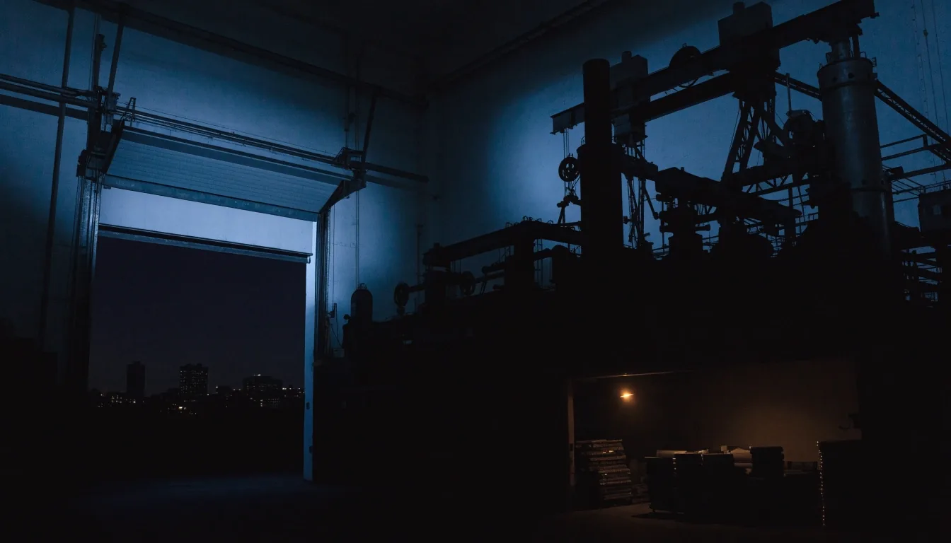 A press hall seen through an open loading dock at night