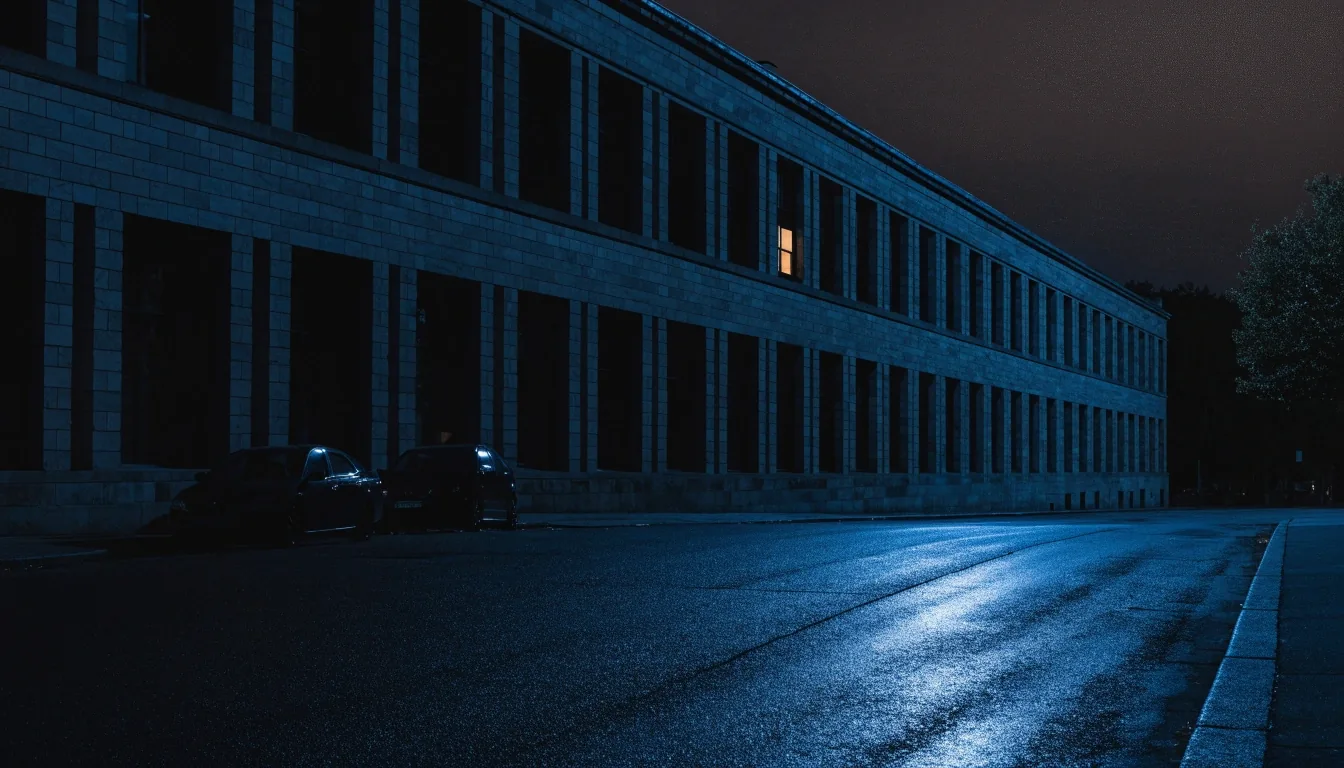 A stone civic building at night with a single lit window on a quiet street