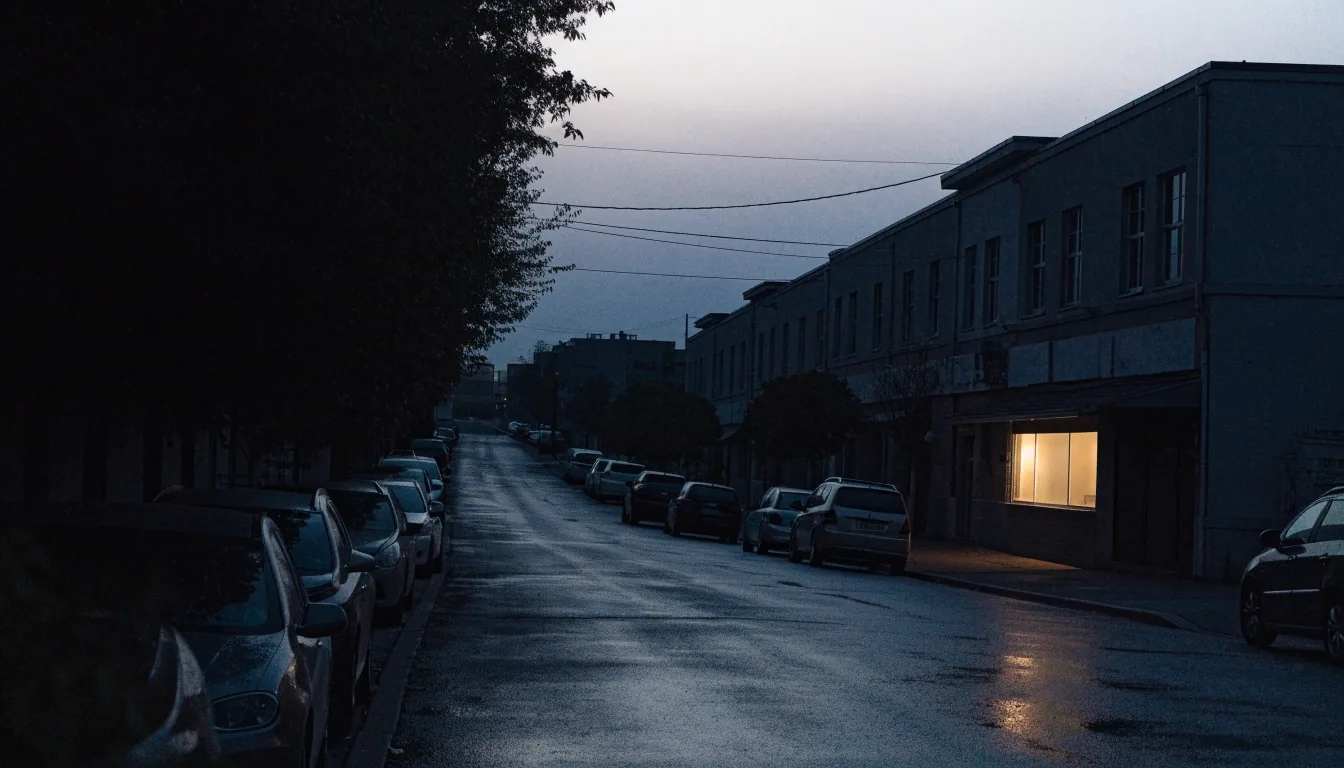 A quiet street outside a small newsroom at night with one lit window