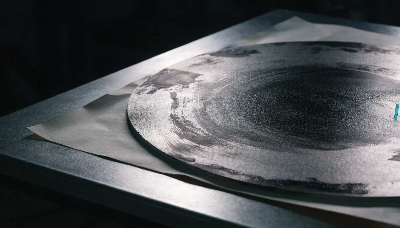 Ink texture across a heavy press plate surface at night