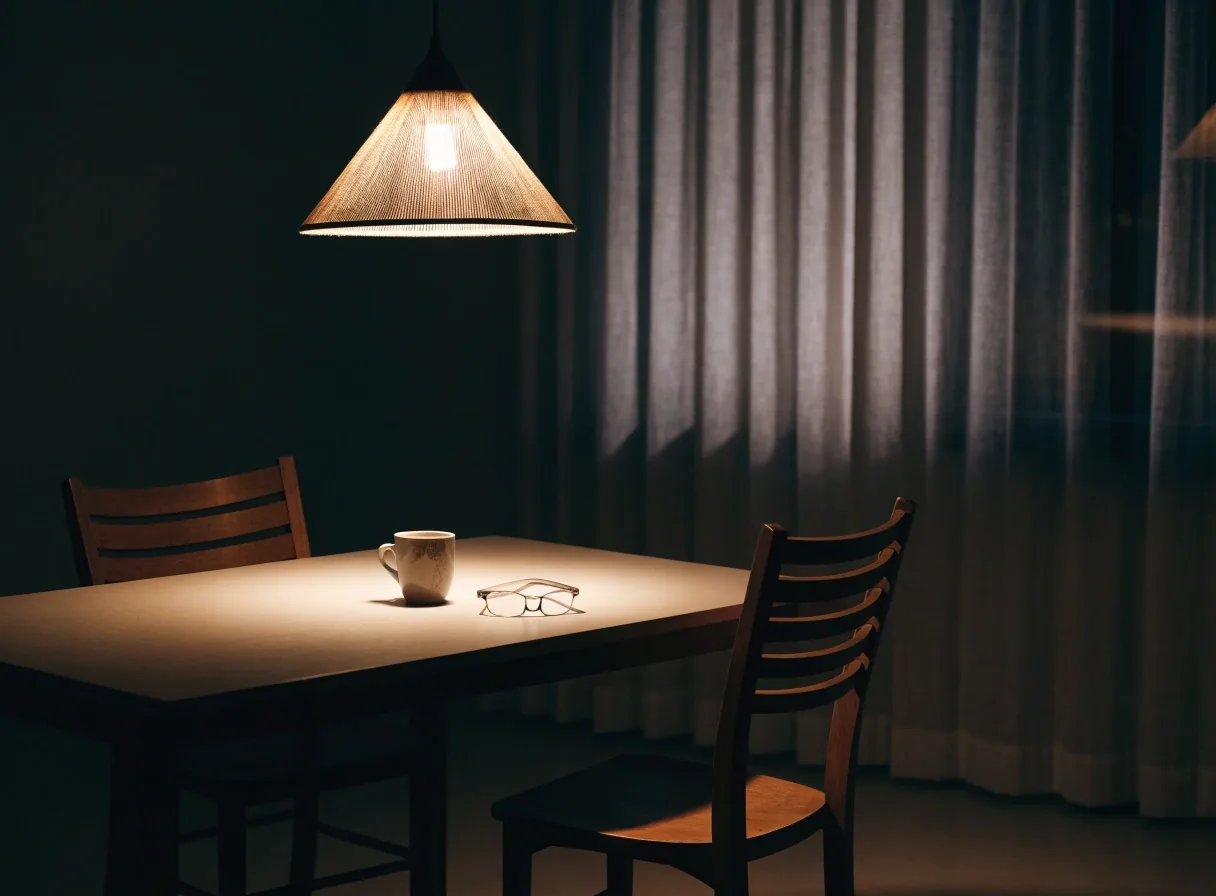 A furnished living room at night with a lamp and chair beside a curtained window