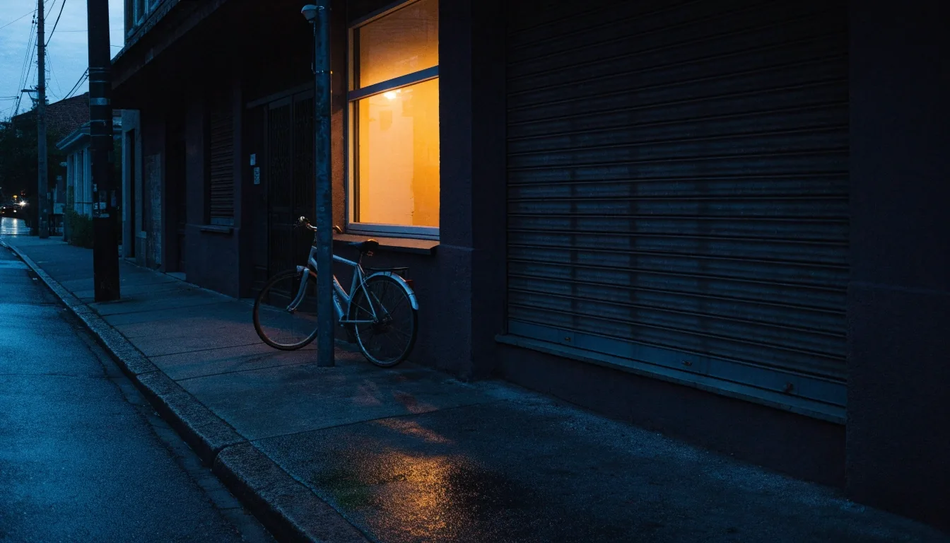 A quiet night street outside a small newsroom with one warm lit window