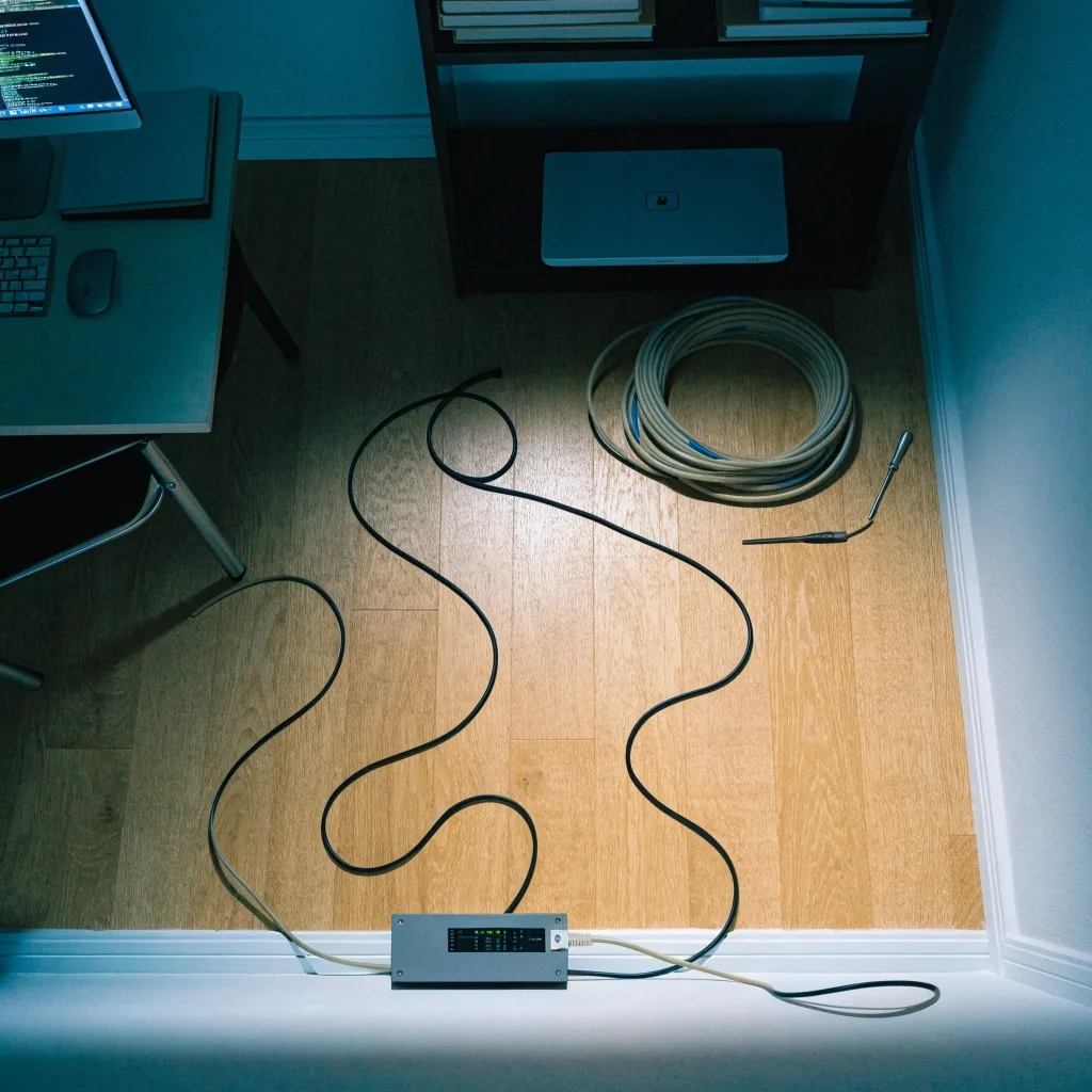 A wall jack and home router on a floor beside a night window with a coiled patch cable