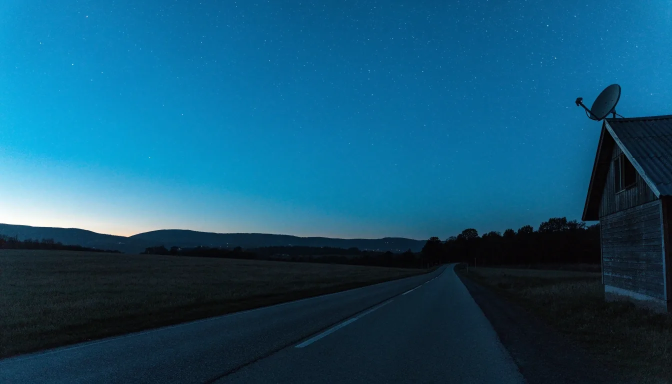 A valley road at dusk with utility poles receding into fog