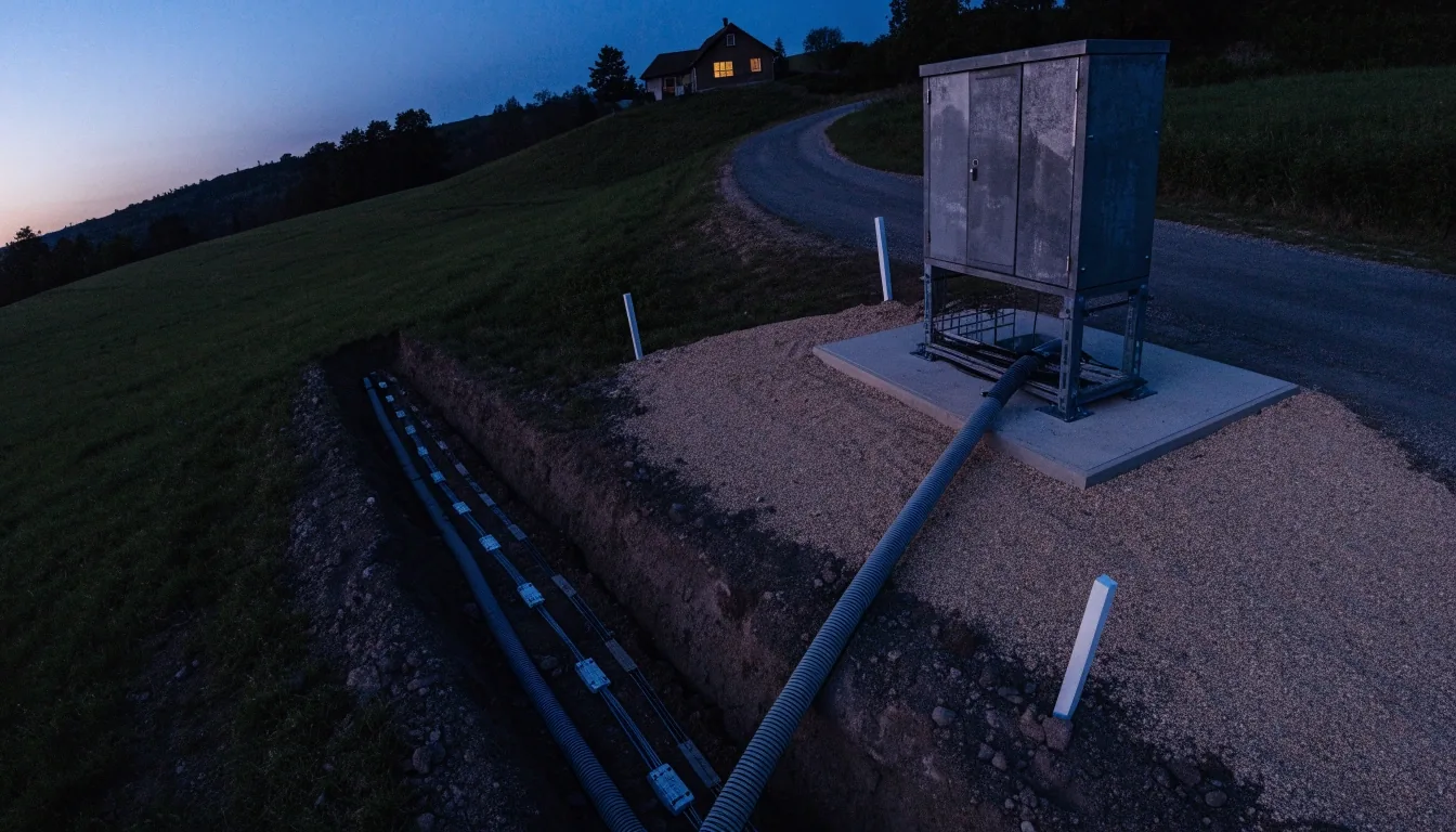 Aerial view of a fibre cable trunk along utility poles at dusk with one lit house on a ridge