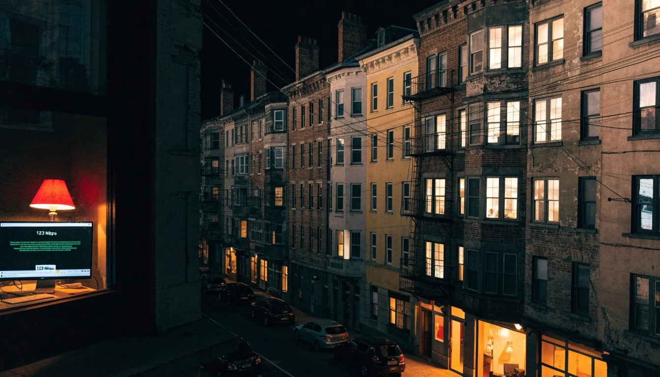 Lit apartment windows across a night street with aerial cables crossing the frame