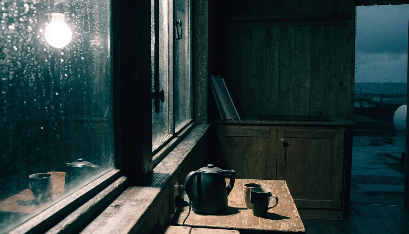 Quiet furnished room at night with a lamp and chair beside a curtained window