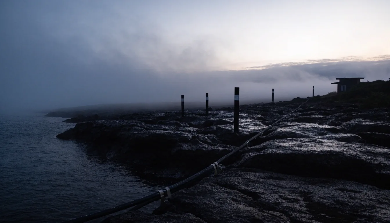 Submarine fiber cable coming ashore at dusk with route markers along a fogged coast