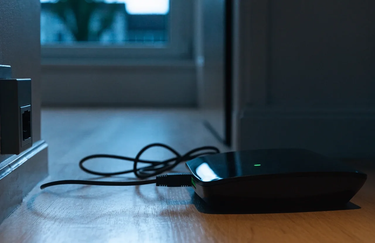 Home router and wall jack beside a window at night, shadows deep
