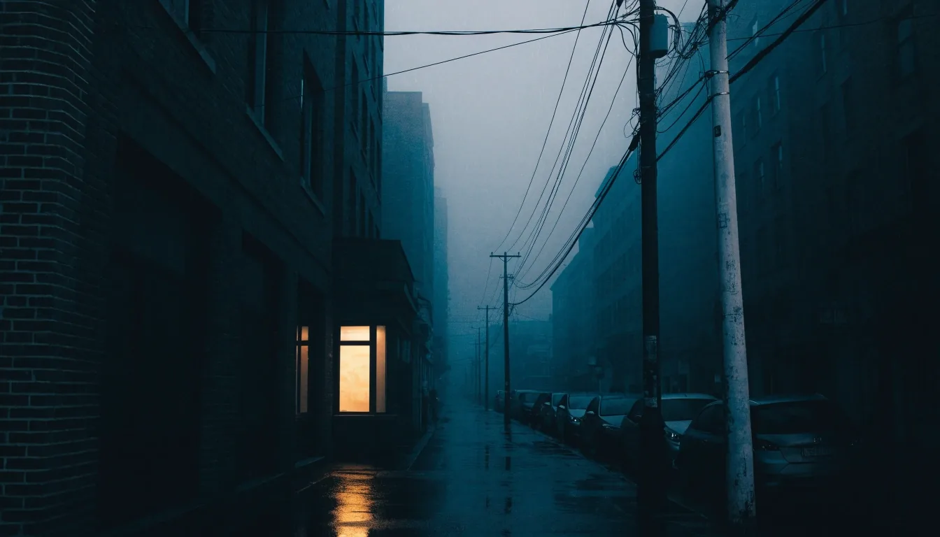 Small newsroom on a quiet street at night with one lit window