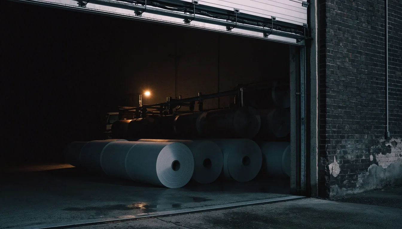 A night press hall seen through an open loading dock with paper rolls in shadow