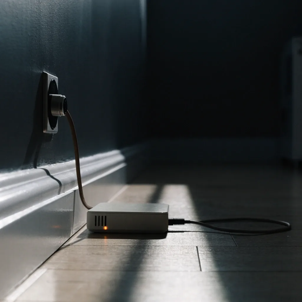 A wall jack and router on a floor beside a window at night