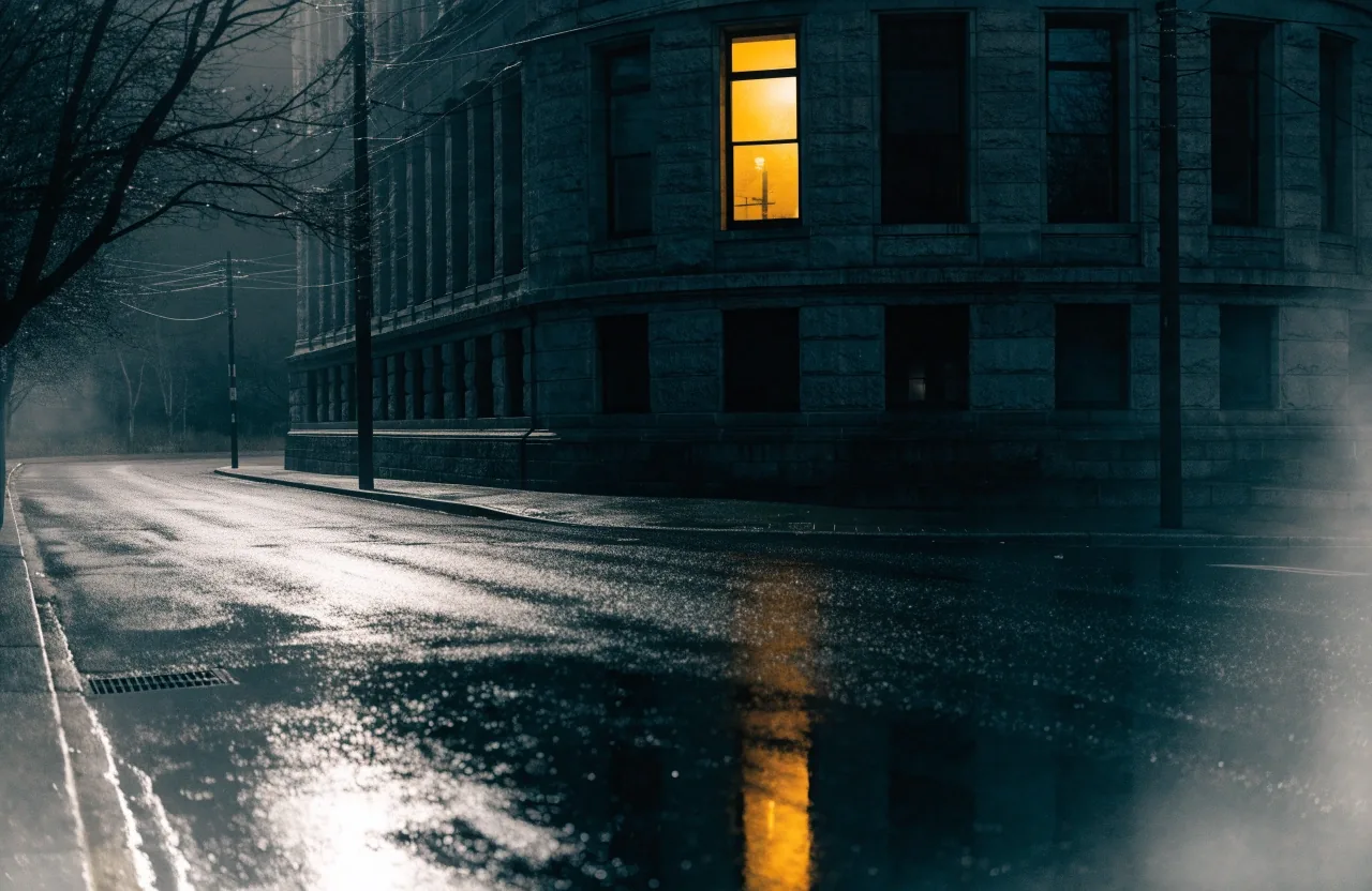 A stone civic building at night with one lit window on a quiet street
