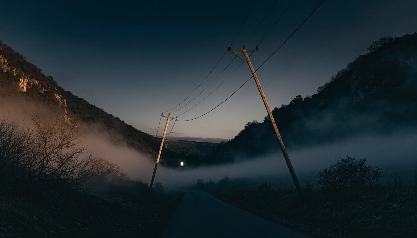A valley road at dusk with utility poles receding into fog