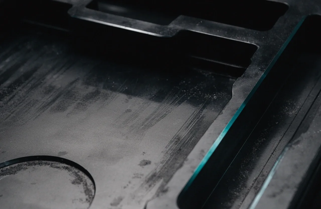 Close view of a press plate surface with ink texture and a thin bright edge