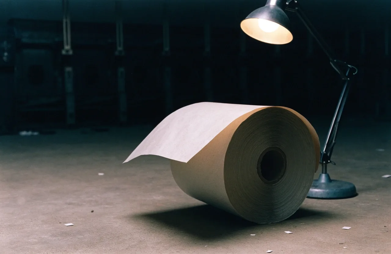 Stacked sheets of uncoated newsprint on a matte table under one warm light