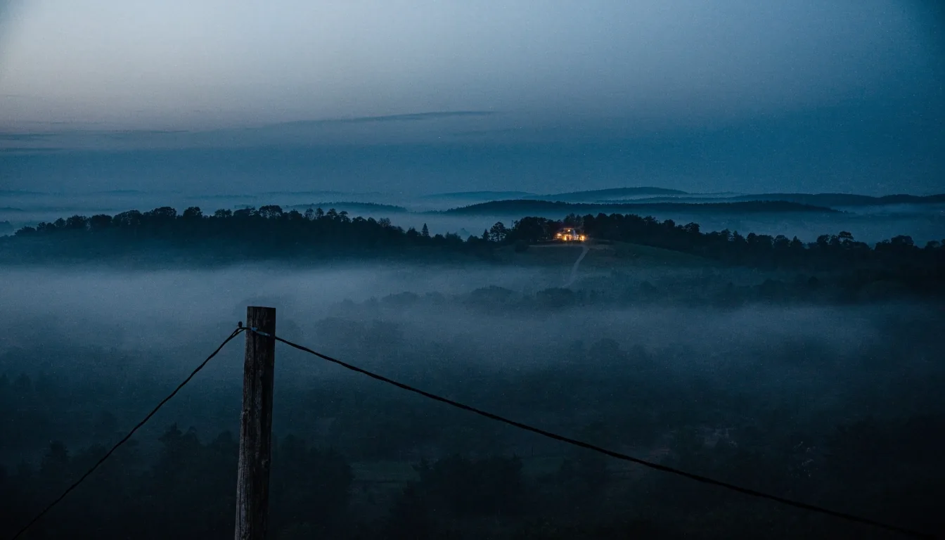 A fogged hill at dusk with a utility pole and cable, one distant lit house on the ridge