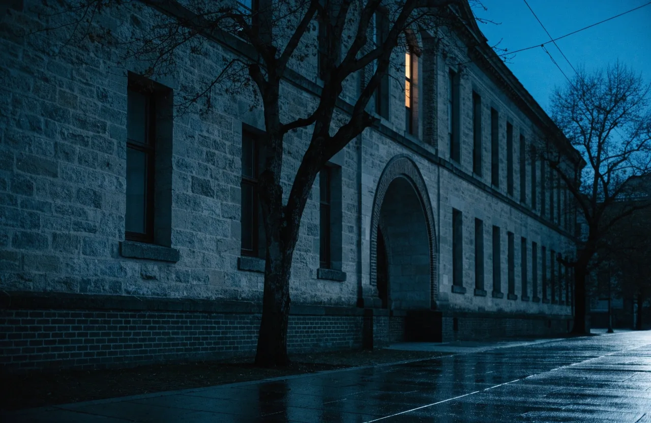 A civic building at night with a single lit window on a quiet wet street