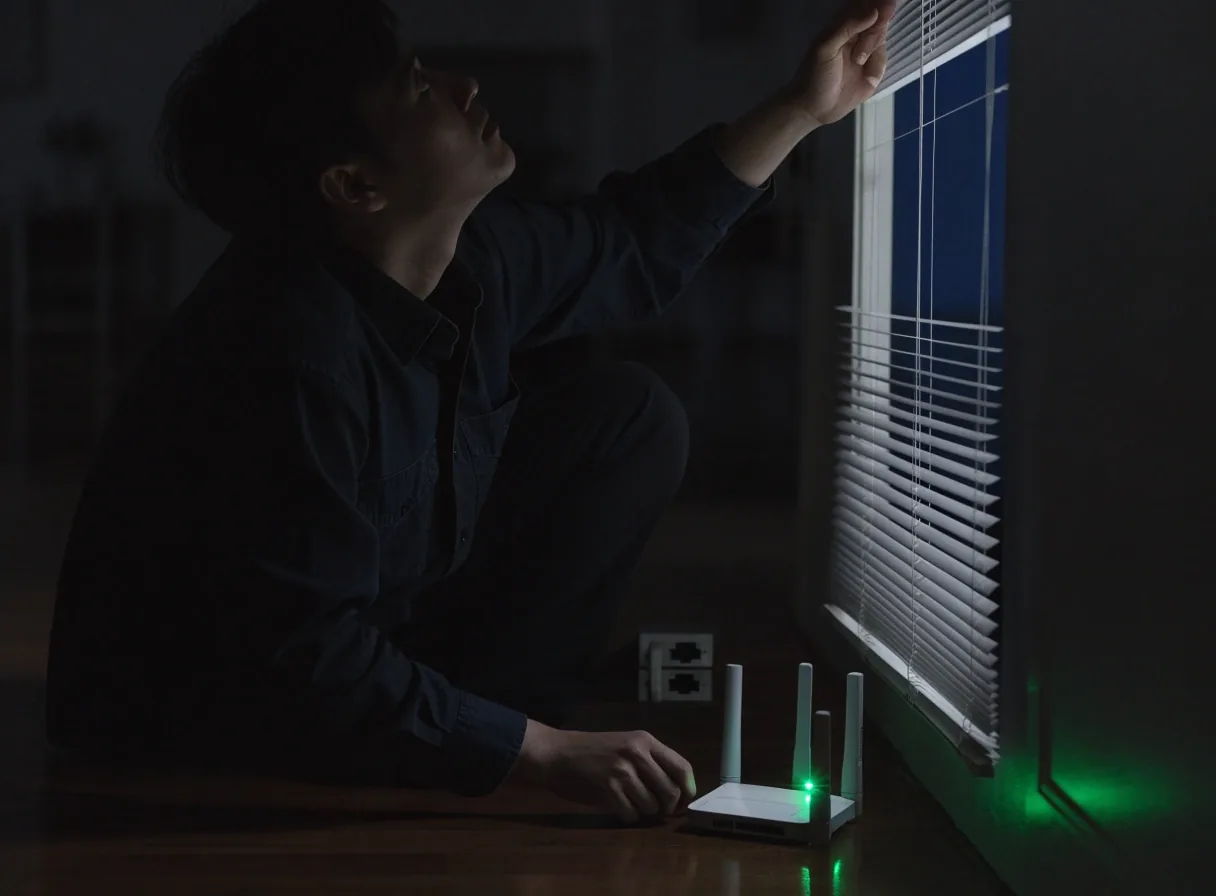 A router and wall jack on the floor beside a dark window at night