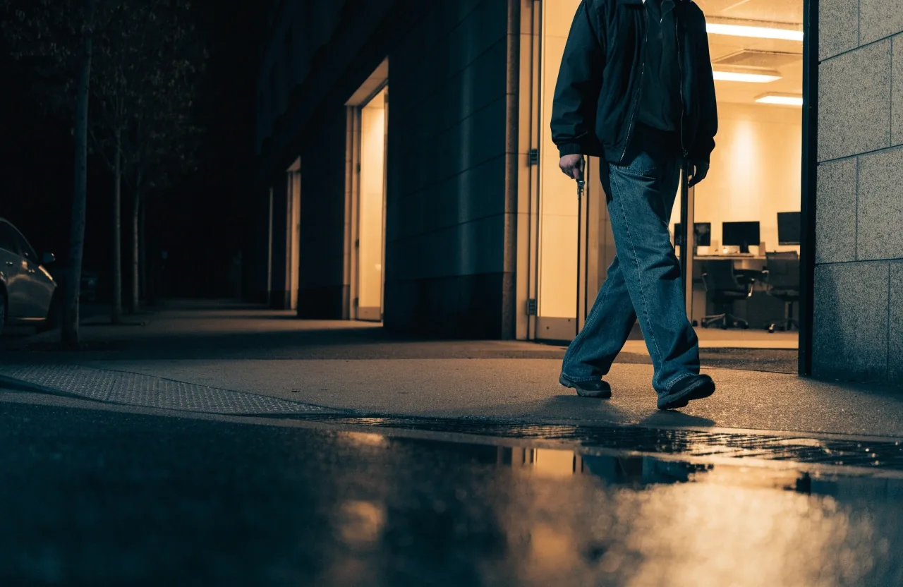 A quiet street outside a small newsroom at night with one warm lit window