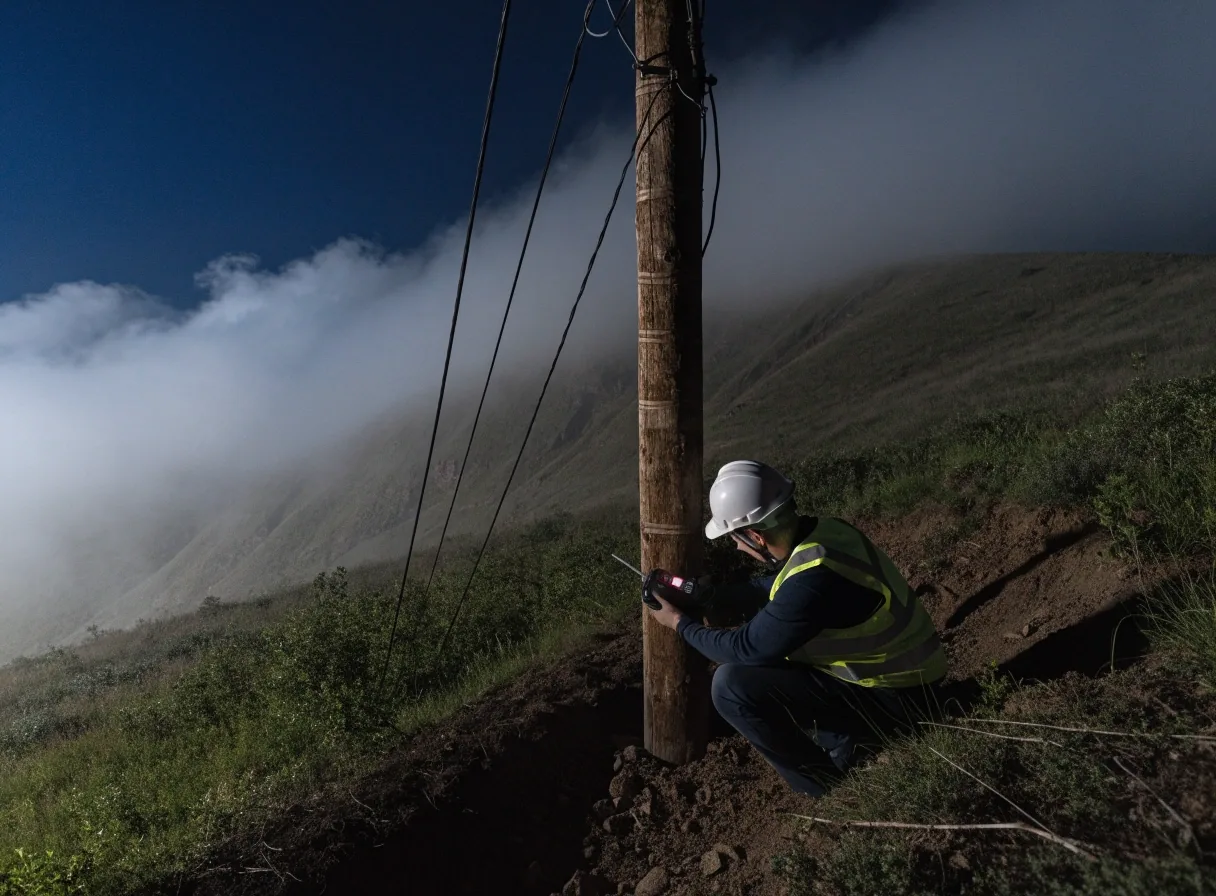 Antenna array on a fogged hill at night with low clouds below