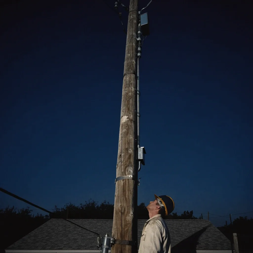 Utility poles along a fogged valley road at dusk under a deep night sky