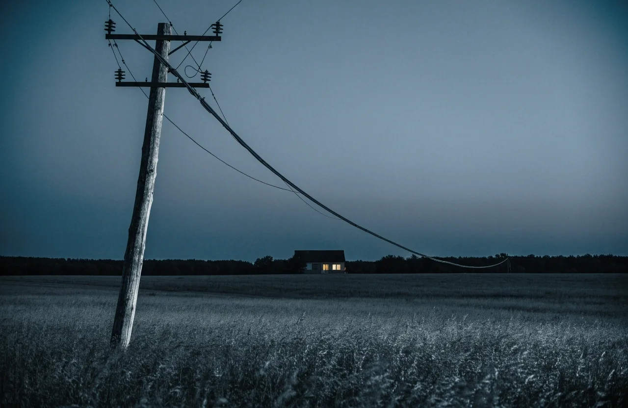 Aerial cable trunk along a ridge at dusk with one lit house on the slope