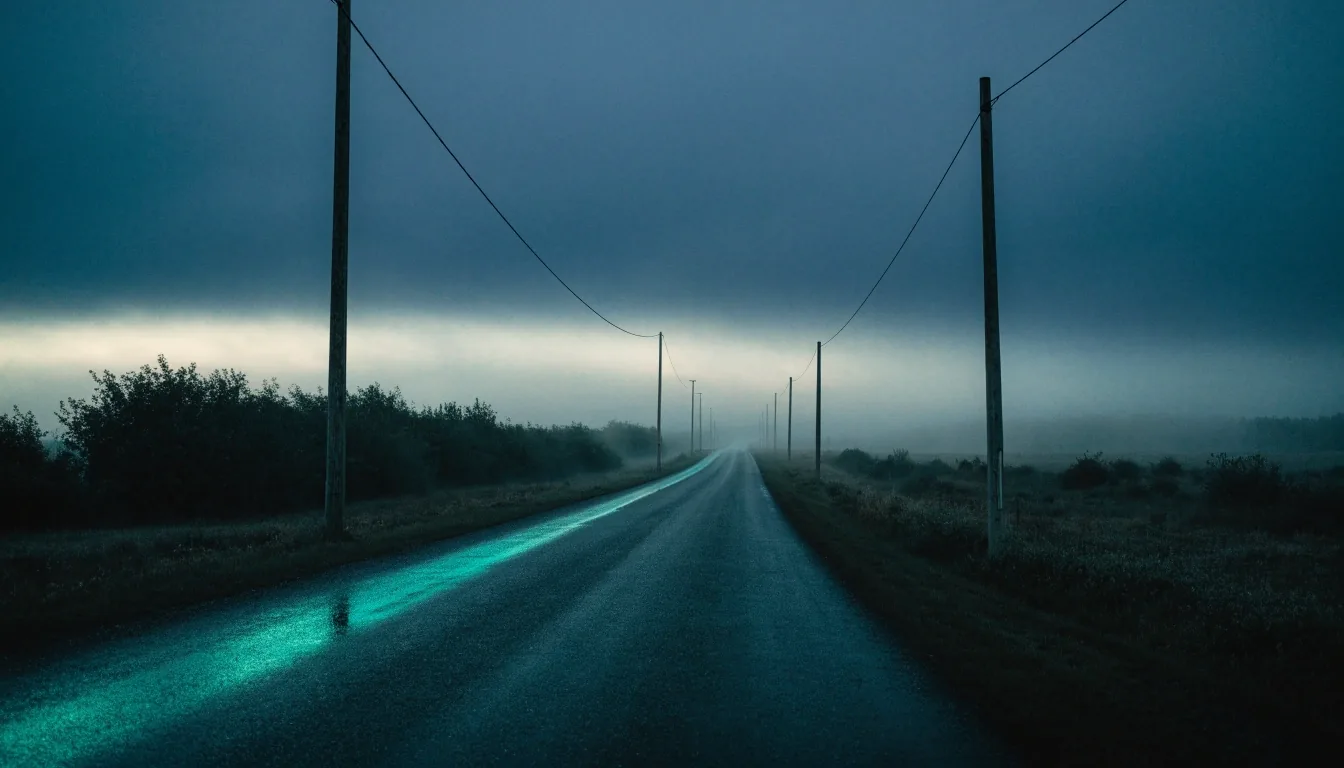Utility poles along a fogged valley road at dusk