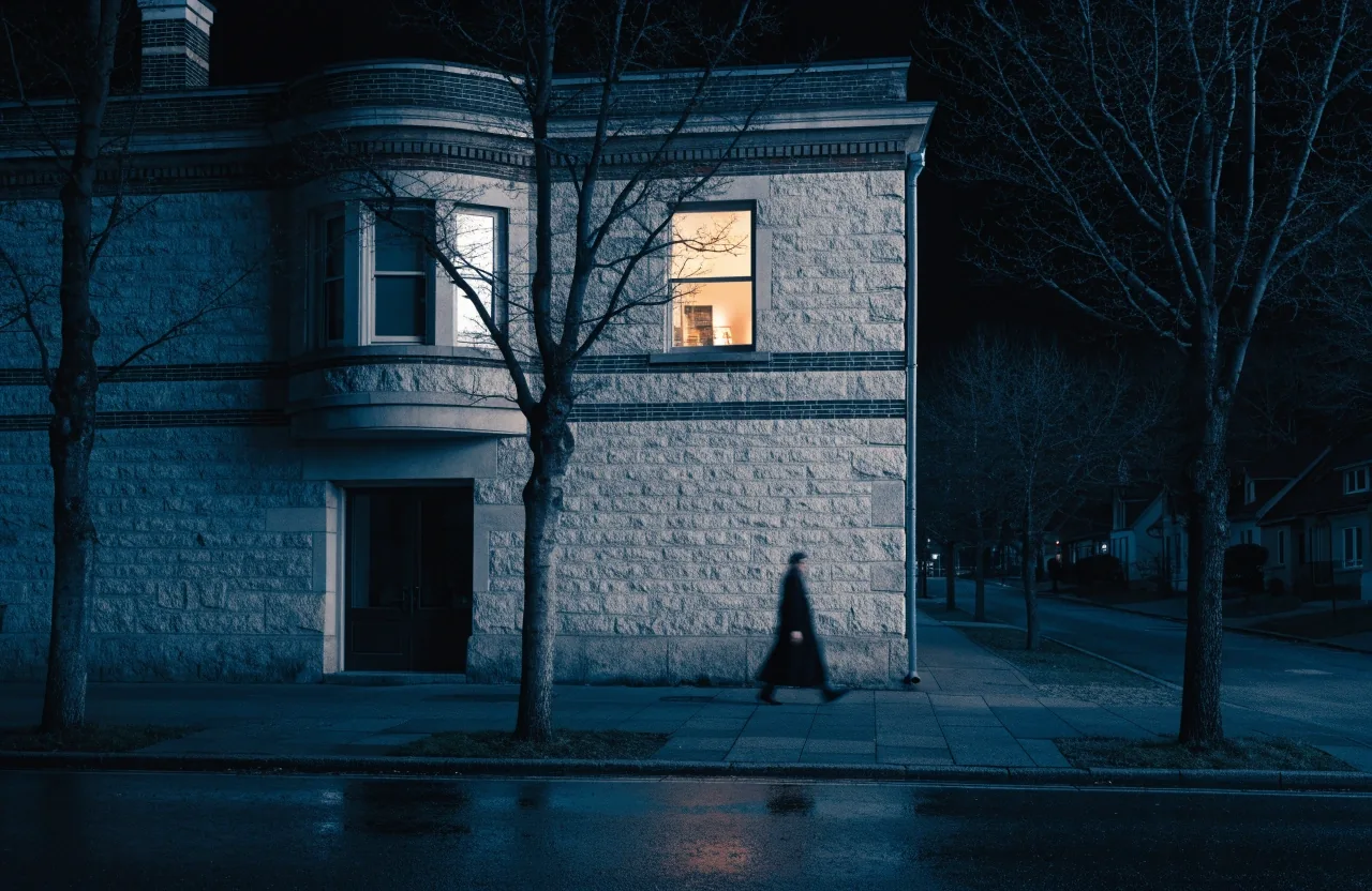 A furnished room at night with a lamp and chair by the window