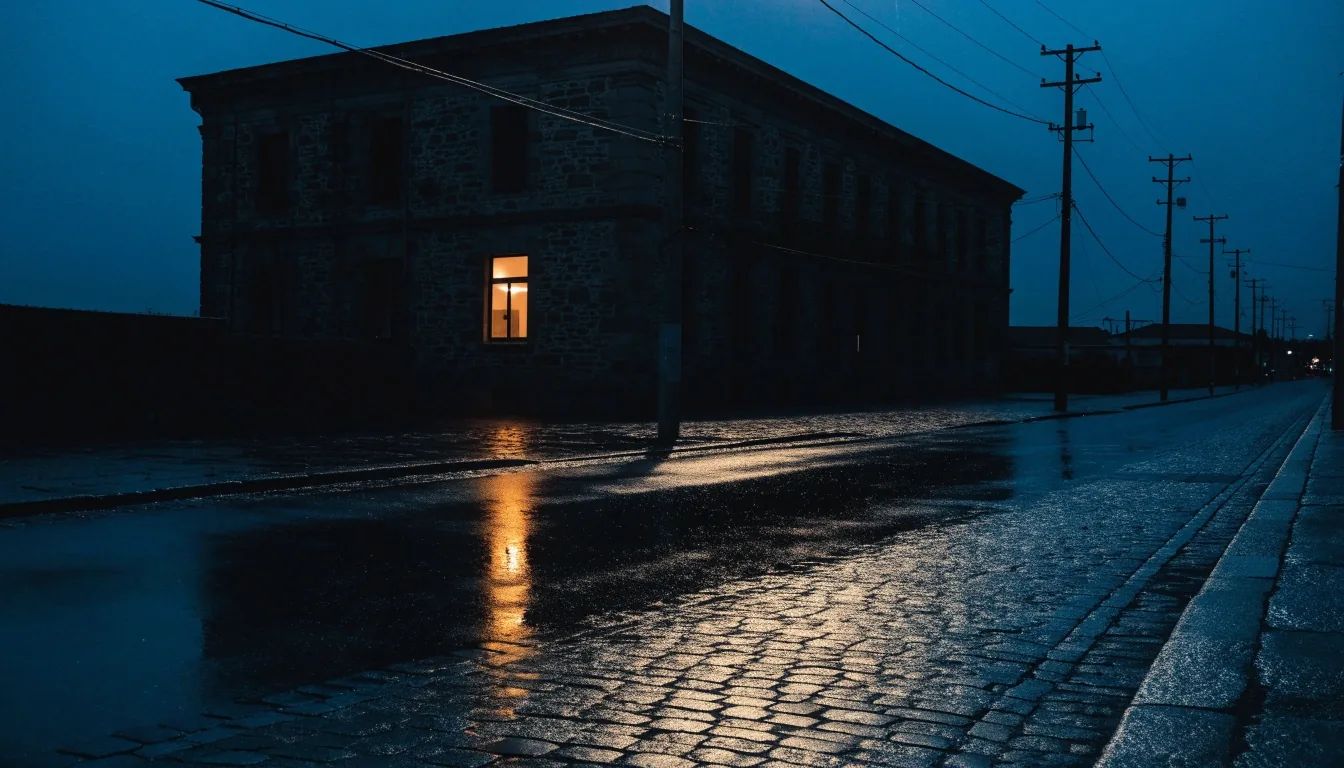 A quiet street outside a small newsroom at night with one warm lit window