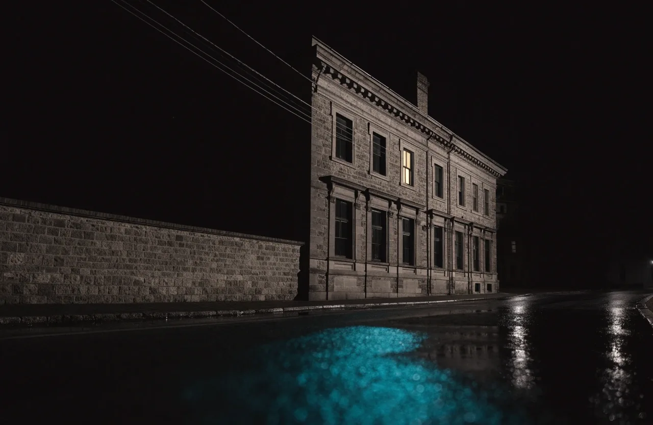 A stone civic building at night with one lit window above a quiet, wet street