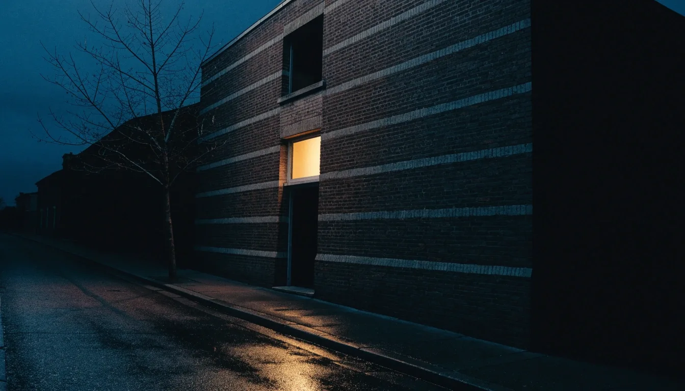 A quiet street outside a small newsroom at night with one warm lit window