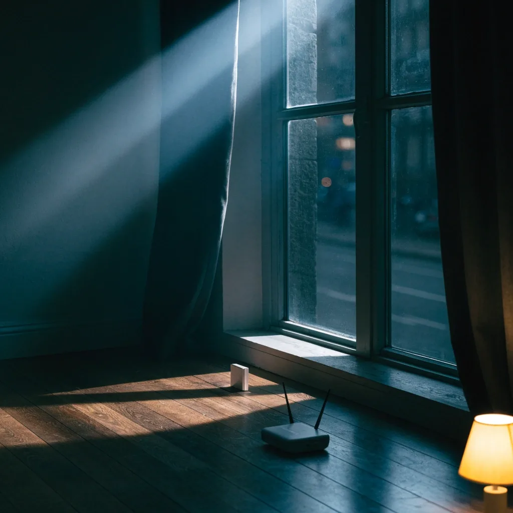 A quiet living room at night with a lamp, armchair and a router on a side table