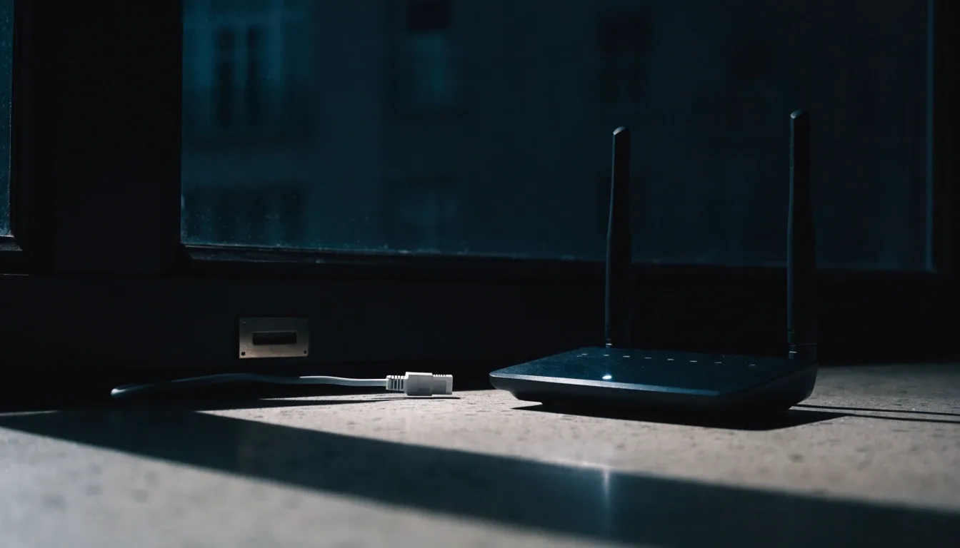 A fibre riser and junction box on a utility pole against fog at night
