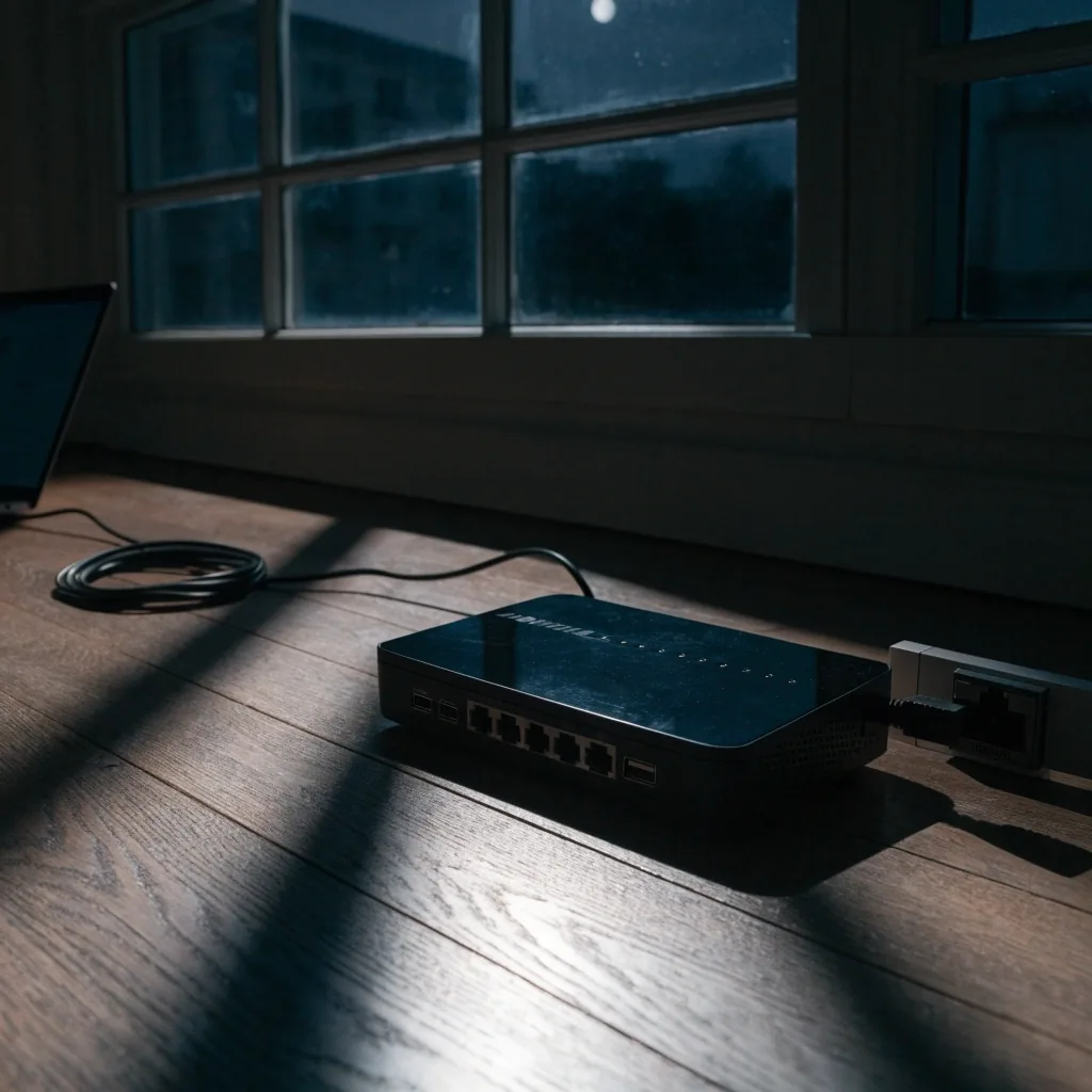 A laptop wired to a home router by Ethernet cable on an evening kitchen table