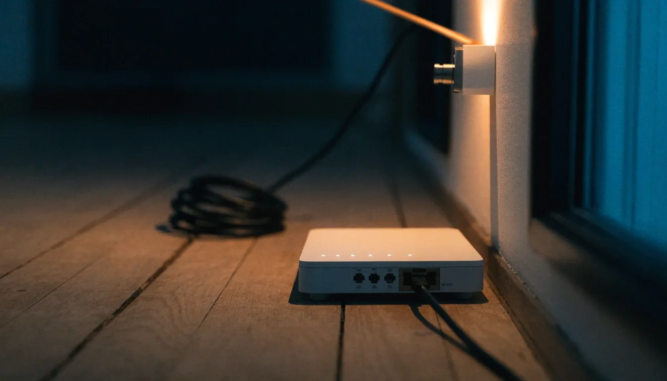 A wall jack, router and coiled Ethernet cable on a floor beside a window at night