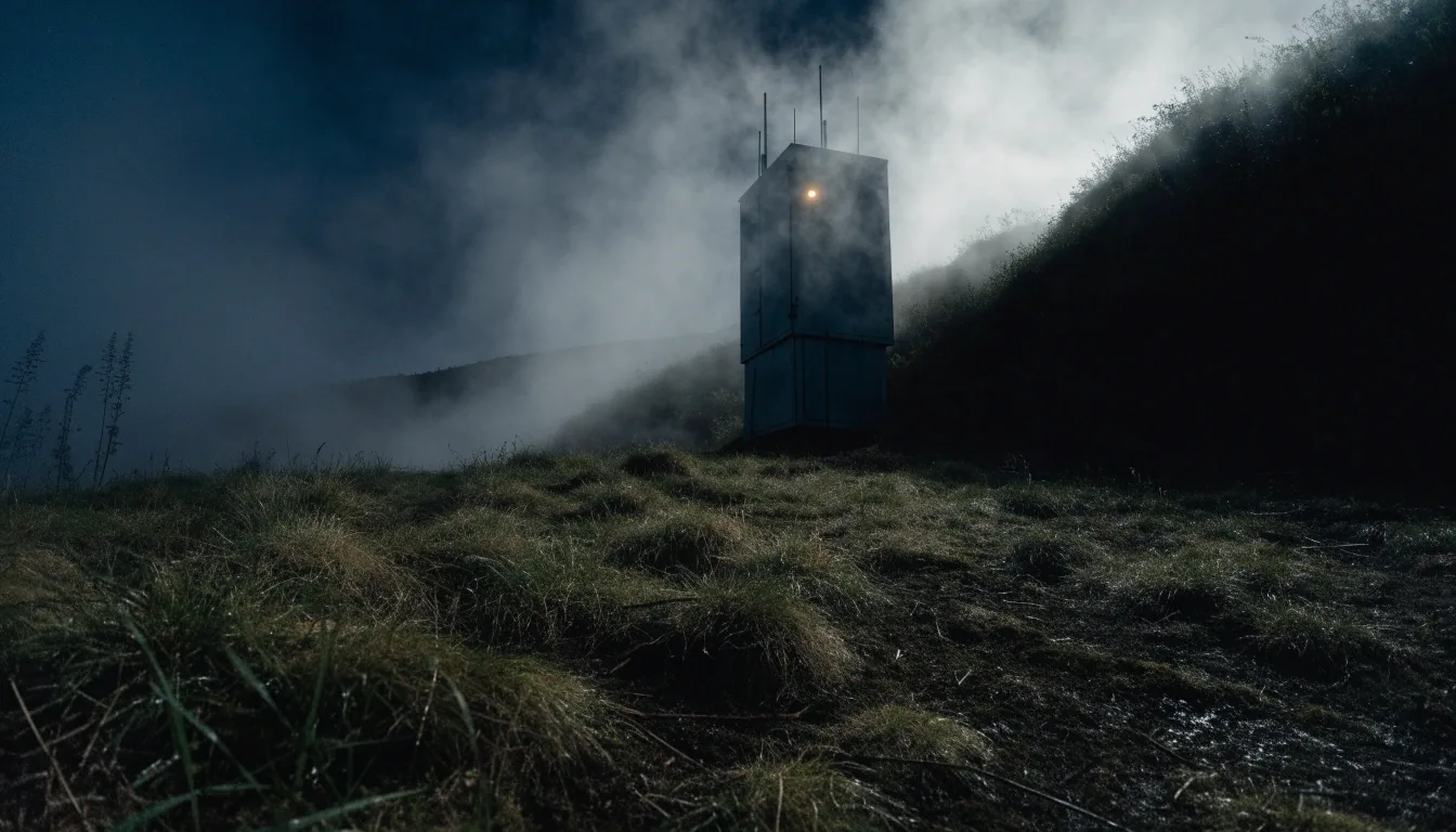 Fog-wrapped hillside transmitter cabinet and antenna elements lit by a single service lamp at night