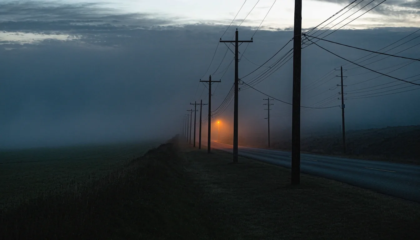 Utility poles and overhead cable line receding into fog along a valley road at dusk