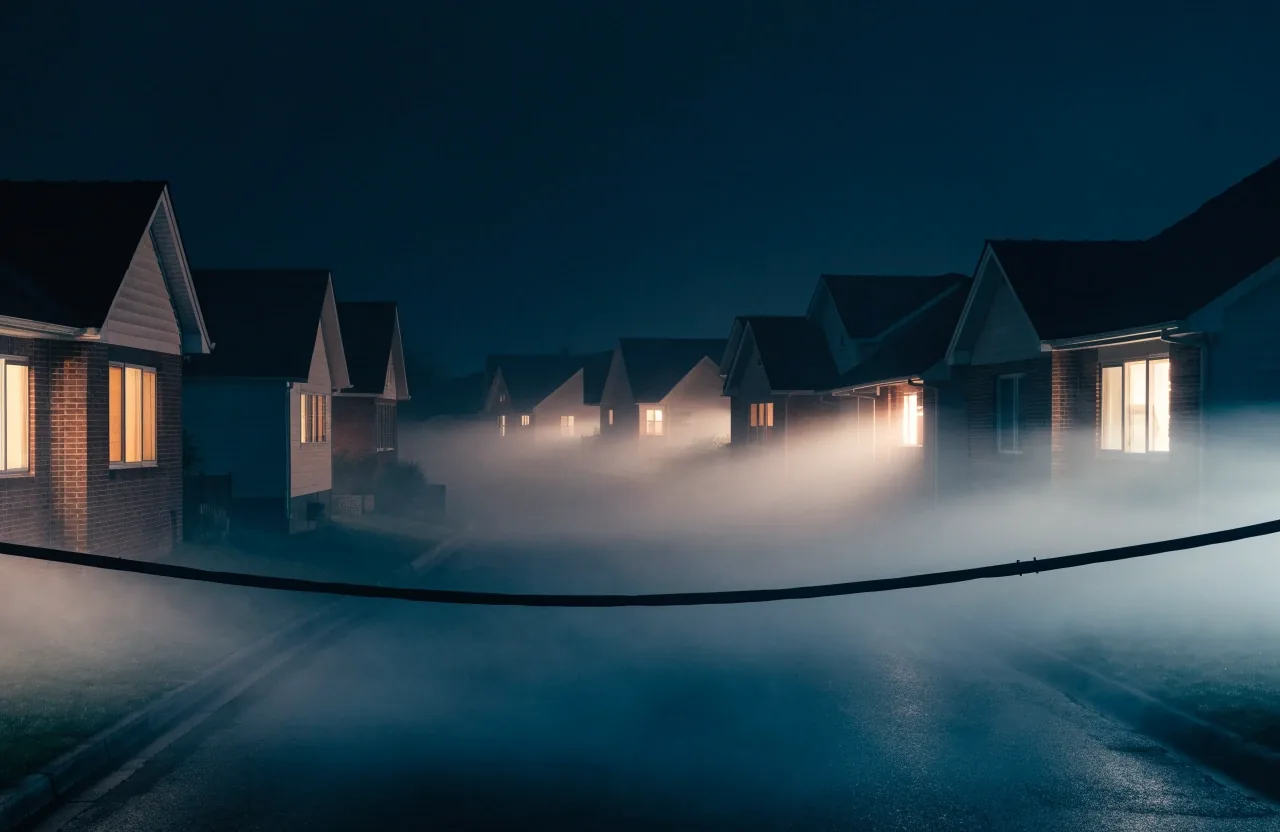 A residential street at night with windows lit and an aerial broadband cable crossing the foreground