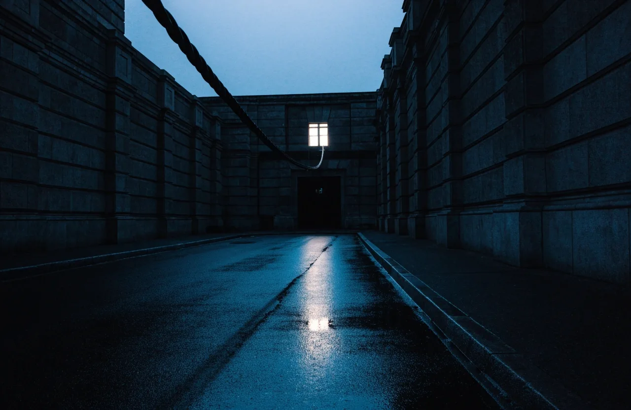 A civic building at night with one lit window on a quiet street