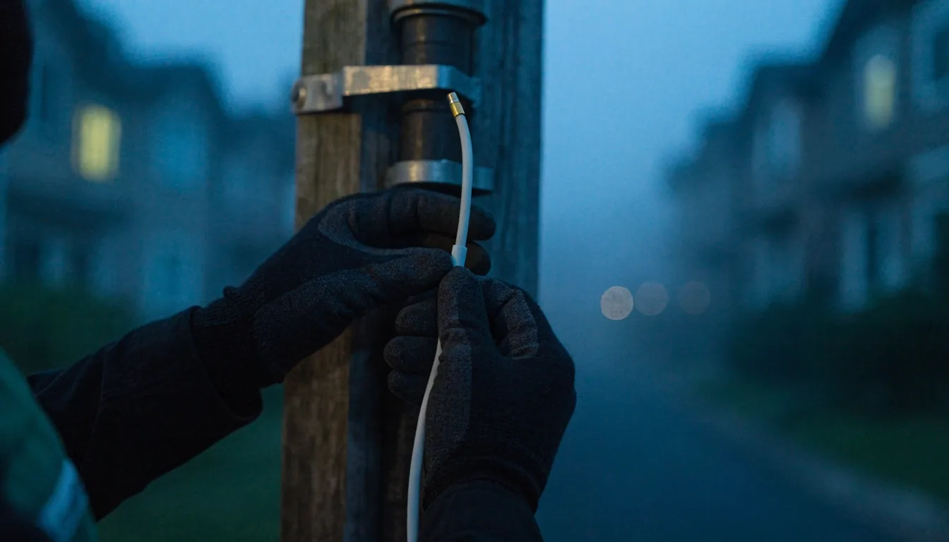Fibre riser on a utility pole at night above a quiet residential street