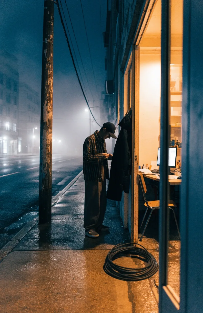 Quiet street outside a small newsroom at night with one lit window