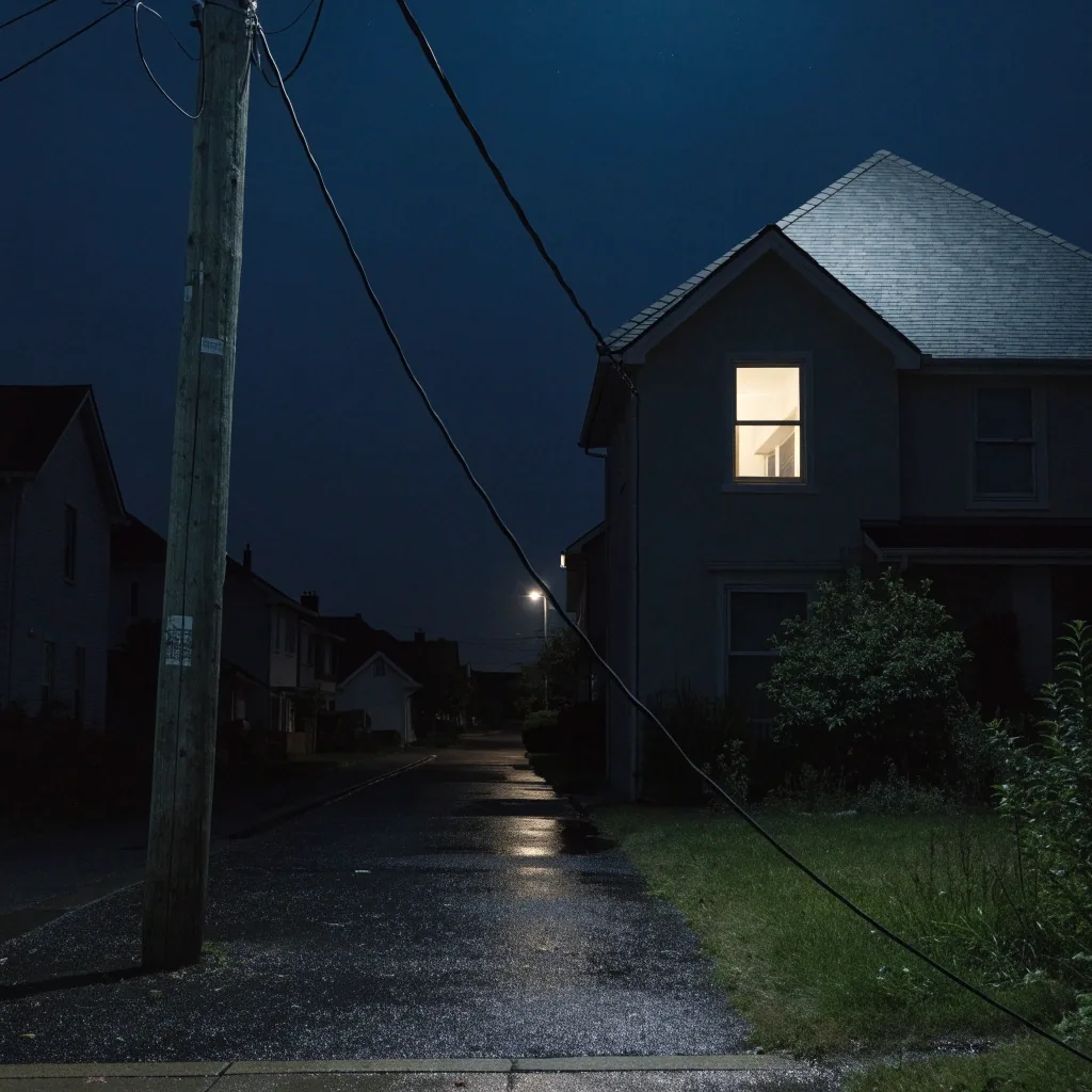 A quiet residential street at night with lit windows and overhead cable
