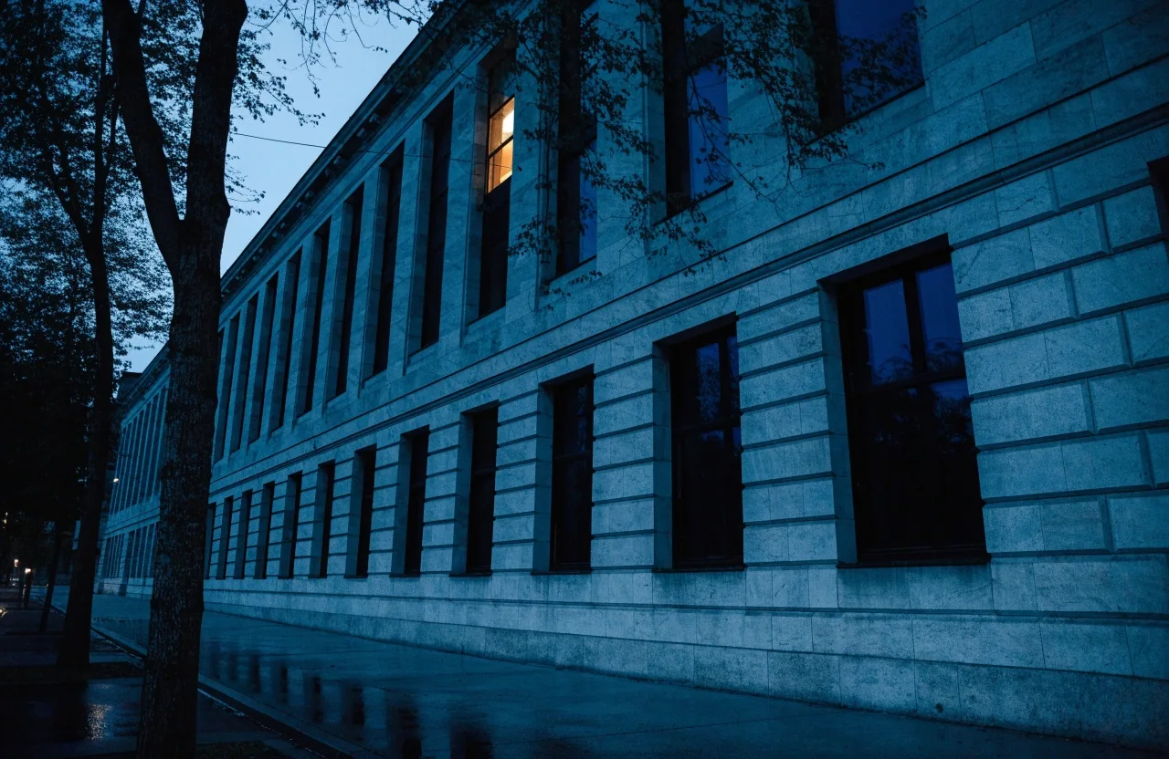 A night press hall viewed through an open loading dock, paper rolls in shadow under one work lamp