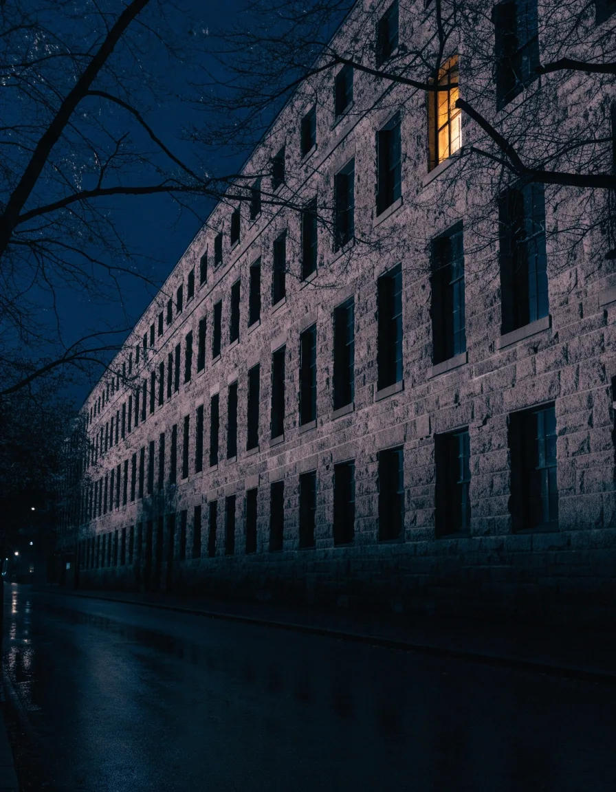 A stone civic building at night with one lit upper window across an empty street