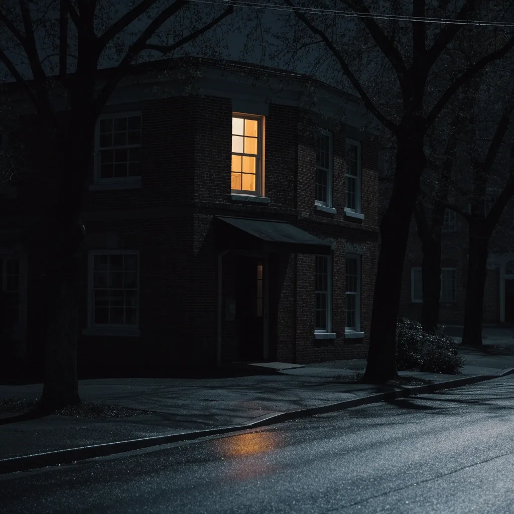 Quiet night street outside a small newsroom, one warm window lit