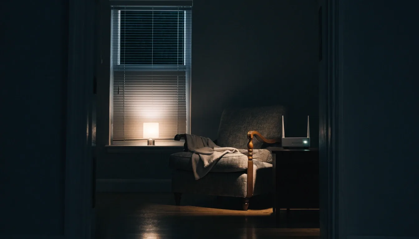 A furnished room at night with a lamp and chair beside the window, the router's small glow on a side table