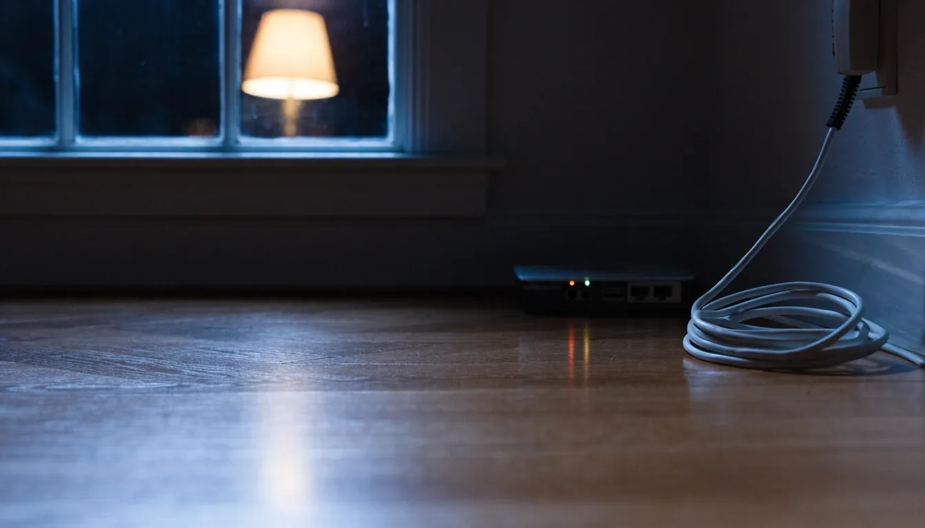 A wall jack and router on the floor beside a window at night with a coiled ethernet cable
